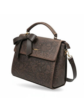 Dark Chocolate Brown Floral Embossed Tooled Artisan Oiled LEATHER Crossbody Bag